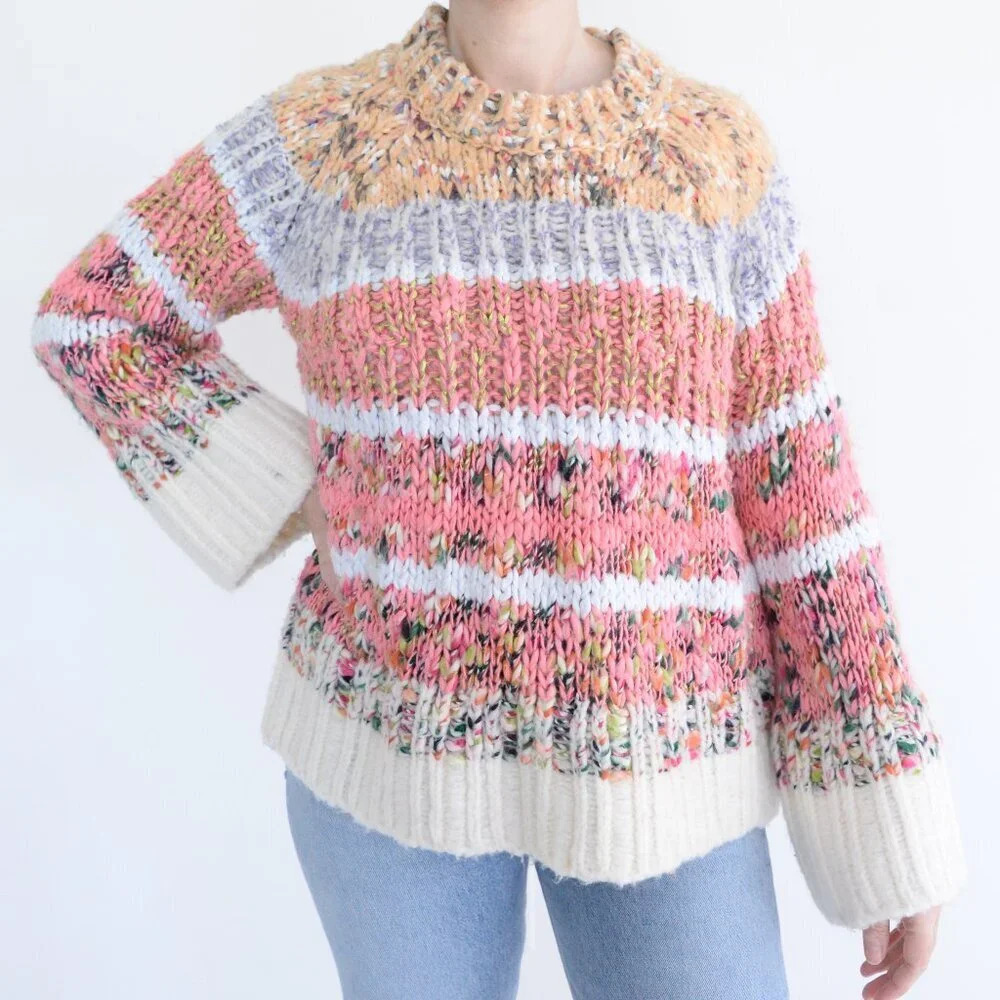 Anthropologie Kahlo Blush Cream Striped Chunky Knit Crew Neck Sweater S